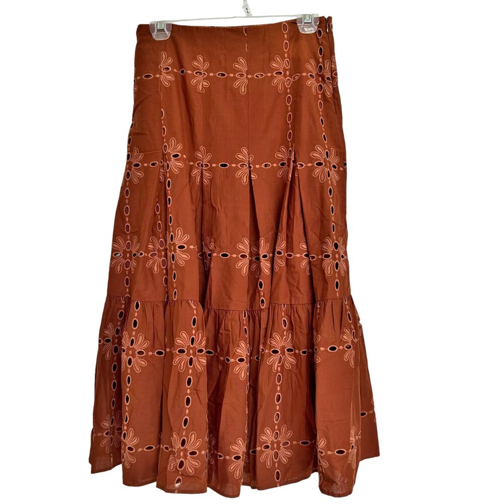 EVA FRANCO x ANTHROPOLOGIE Women's Tiered Long Maxi Skirt Eyelet Brown-Sz 4